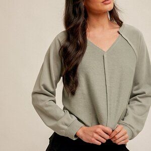 HEM & THREAD Sage Green Long Sleeve V-Neck Top, Soft Lightweight Neutral